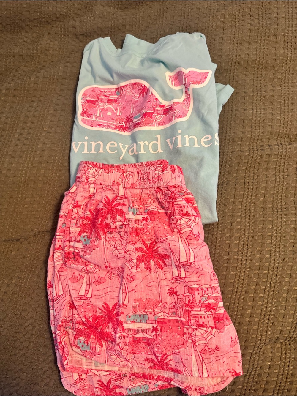 Vineyard Vines Light Blue Tee with Pink Whale & Pink Printed Shorts Pajama Set
